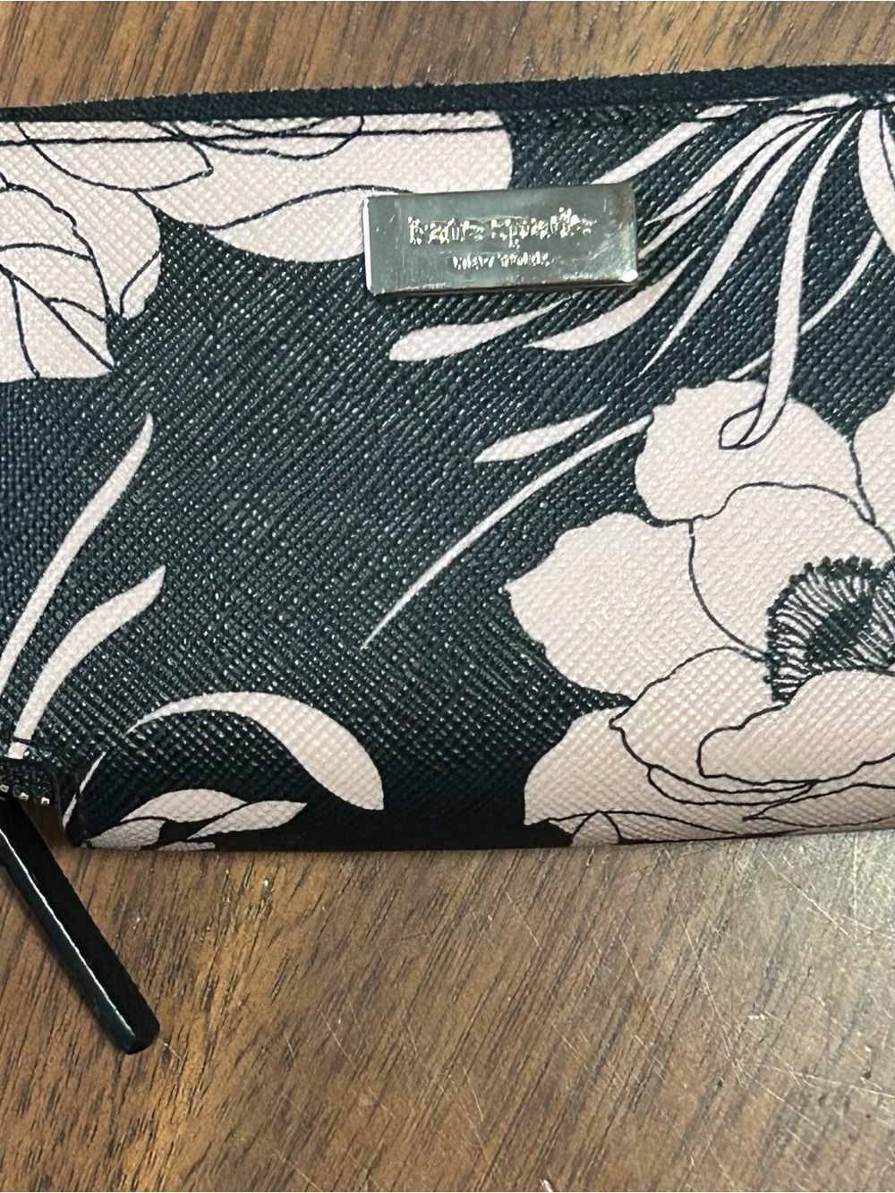 Kate Spade Black and Light Pink Floral Zip Card Wallet